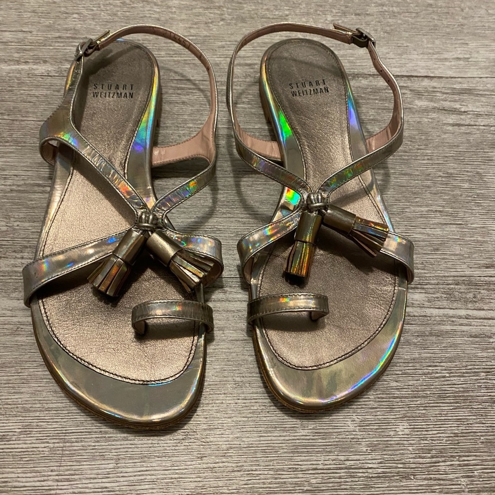 Stuart Weitzman pewter size 8M sandals W toe hold and back strap. Has tassels - Picture 5 of 13